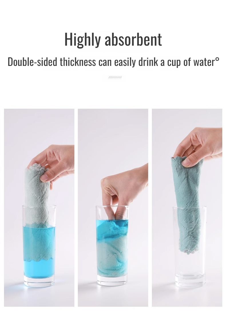 Fast drying coral fleece dish cloth on countertop