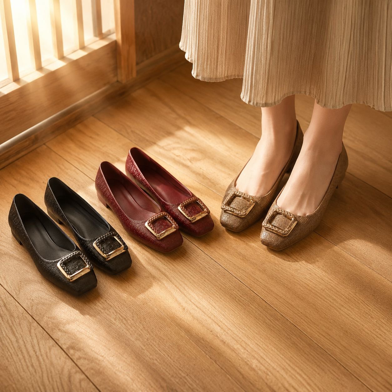 女性用本革スクエアバックルカジュアルローカットシューズ