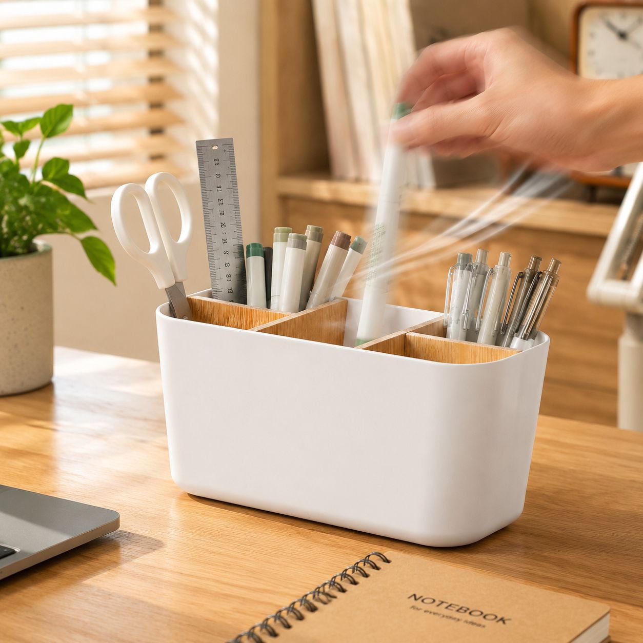 Bamboo and Wood Desktop Stationery Storage Box with Detachable Compartments