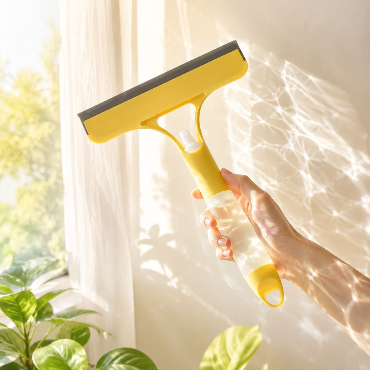 Cleaning hard-to-reach window corners with brush