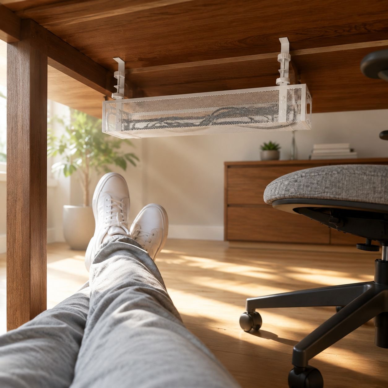 Under-desk cable management tray rack installed on office desk