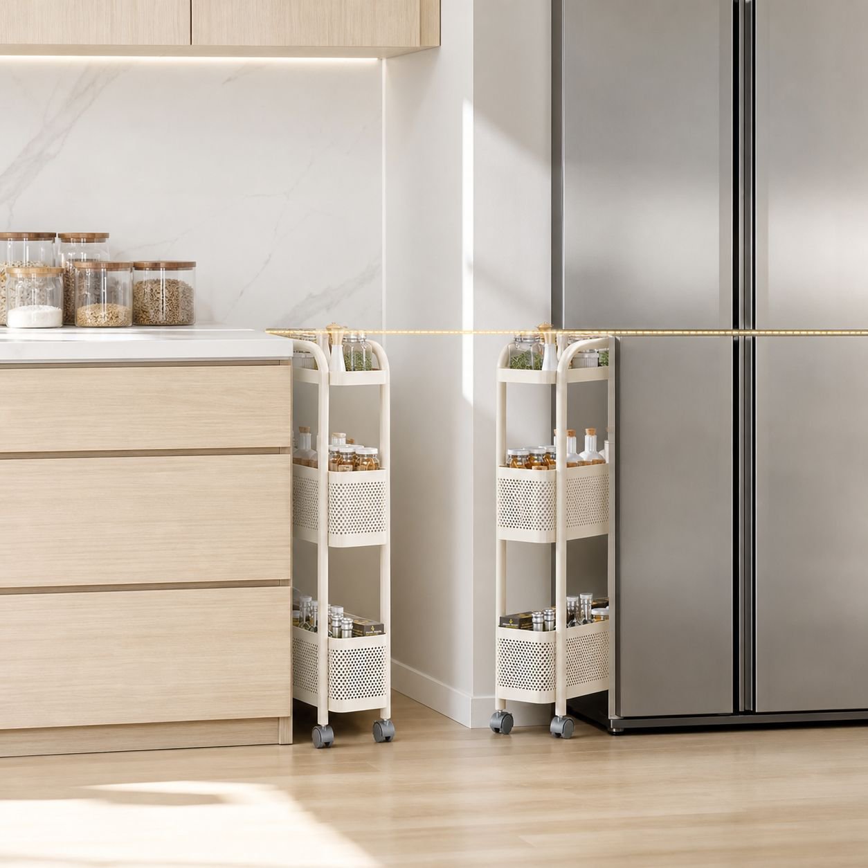 Küchenregal für schmale Lücken neben Kühlschrank