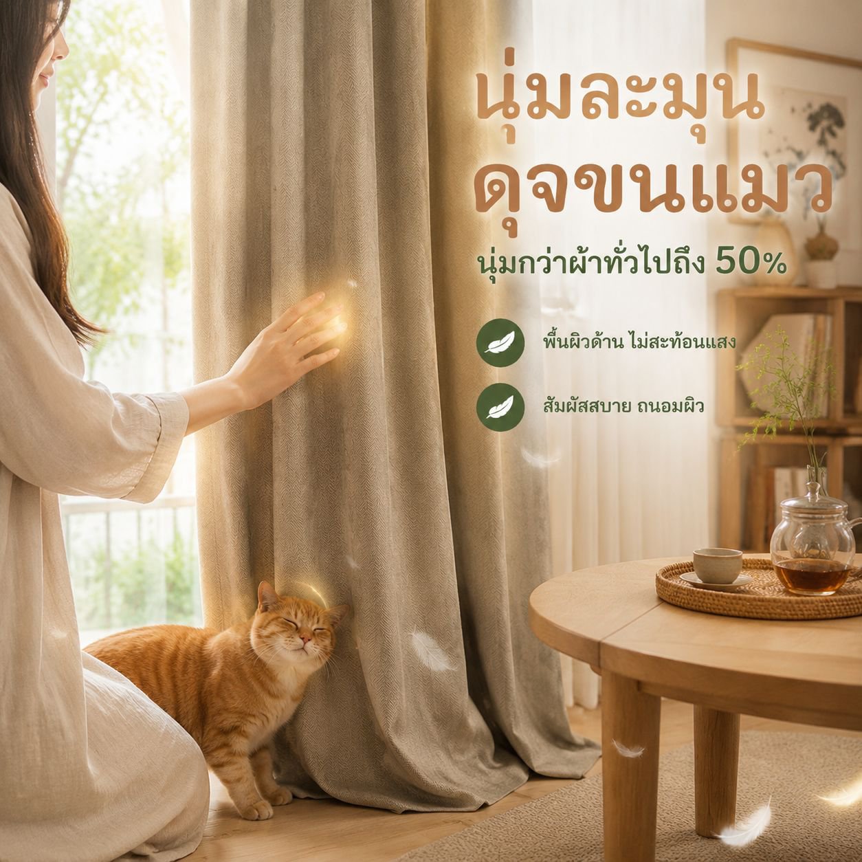 ม่านกำมะหยี่กันแสงสีเบจสำหรับตกแต่งบ้าน ห้องนอน และออฟฟิศ แบบชิ้นเดียว