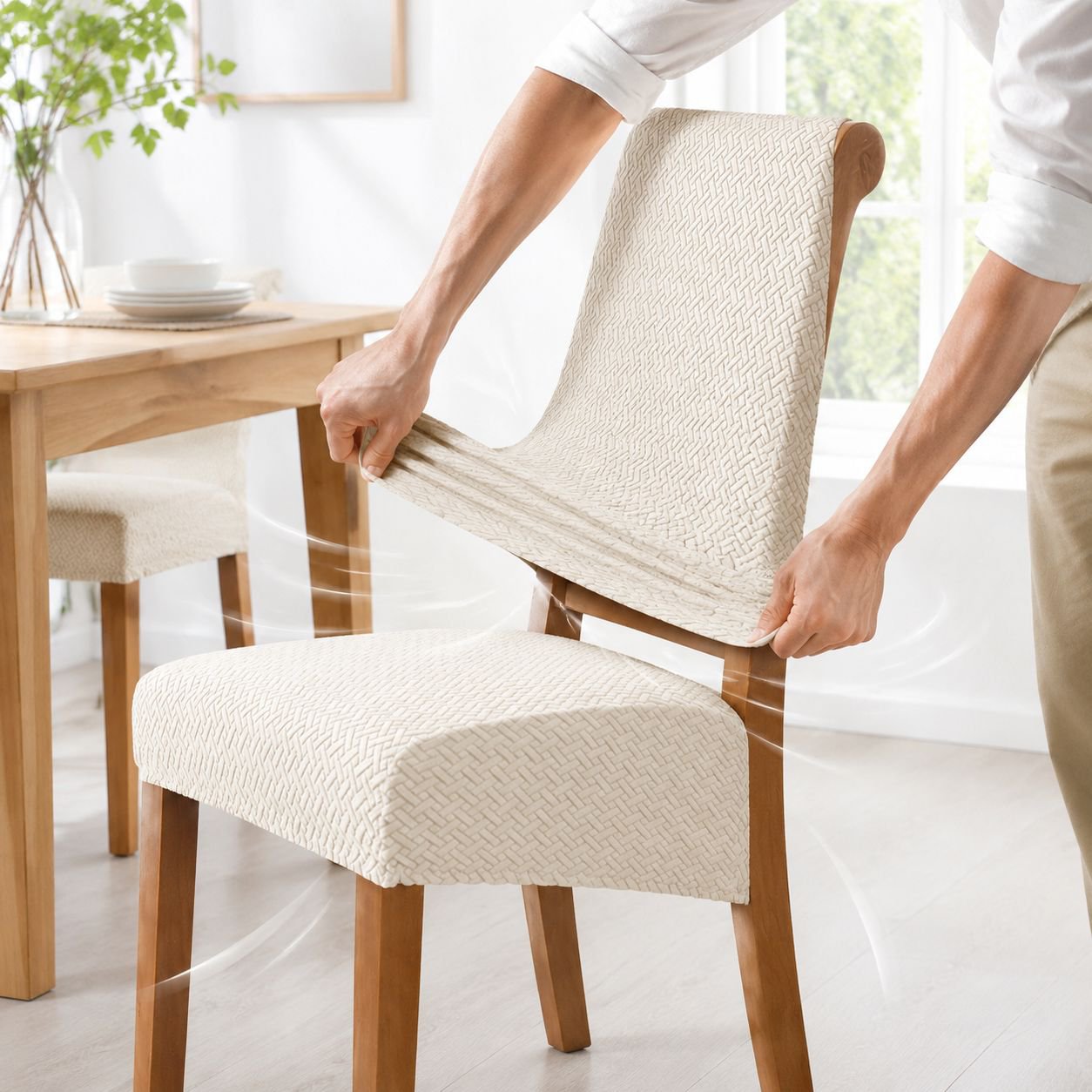 Home Dining Chair High Back Chair Jacquard Fabric Dining Chair Stretch Hotel Chair