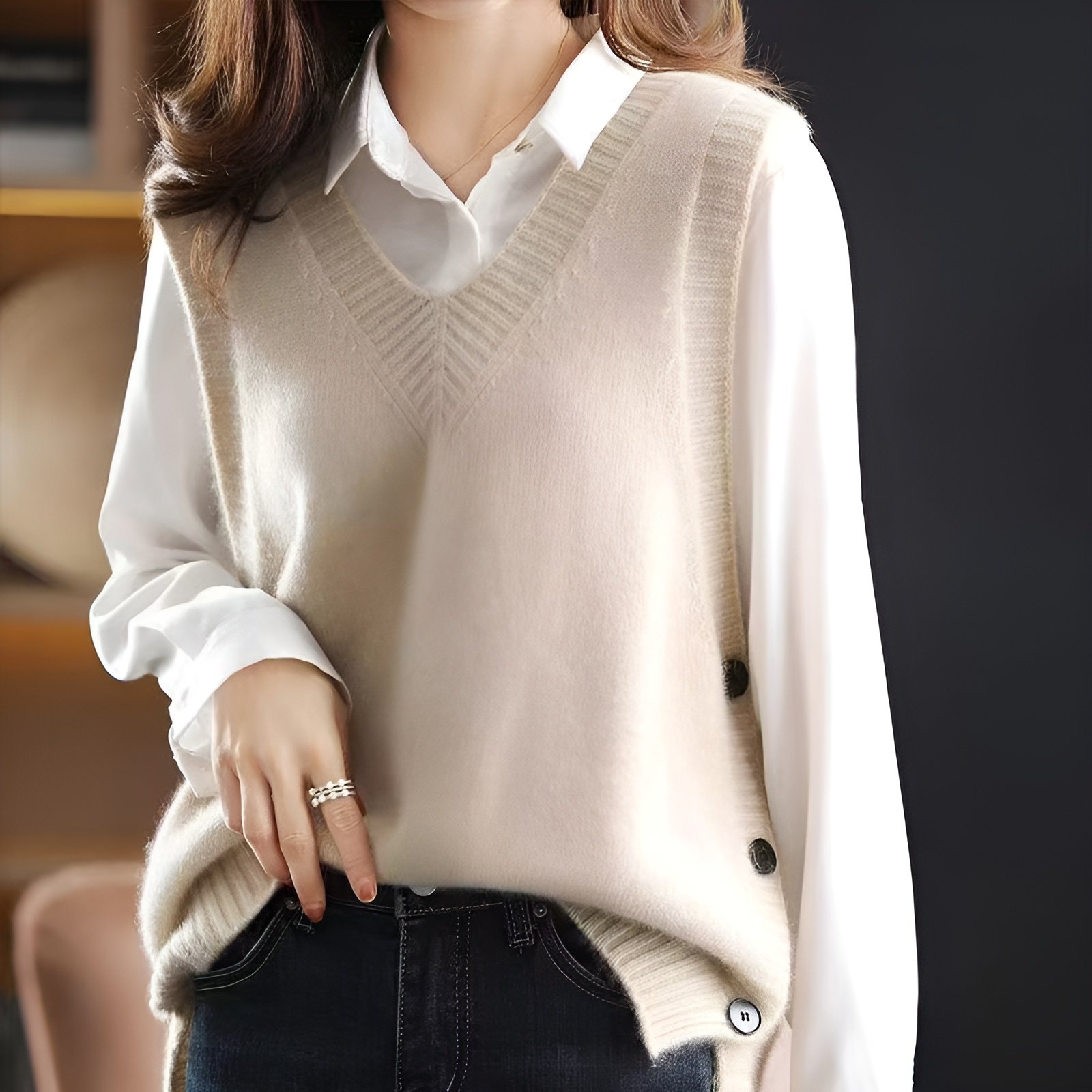 春秋用重ね着Vネックニットベスト ノースリーブトップス 体型カバー ゆったりデザイン