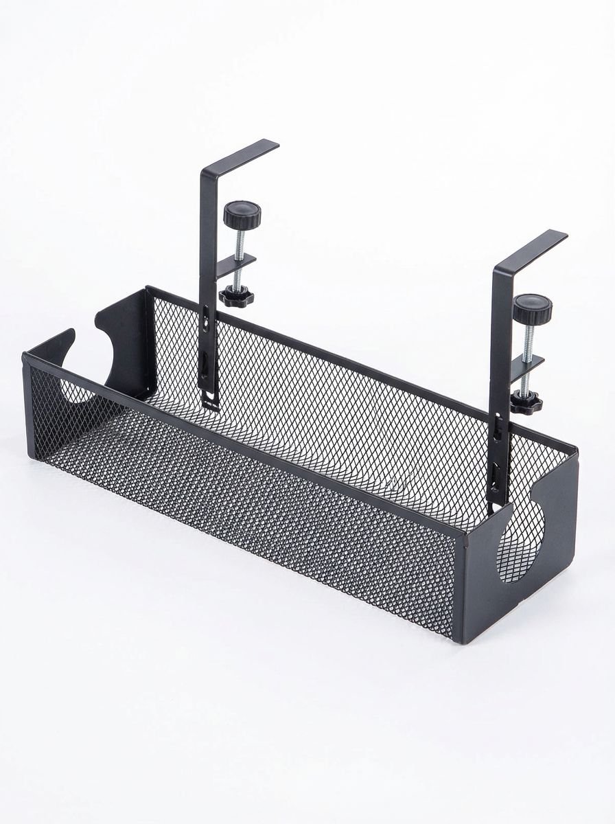 Półka do zarządzania kablami zamontowana pod biurkiem