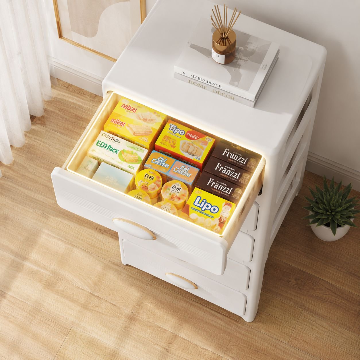 Table de nuit design avec espaces de rangement multiples
