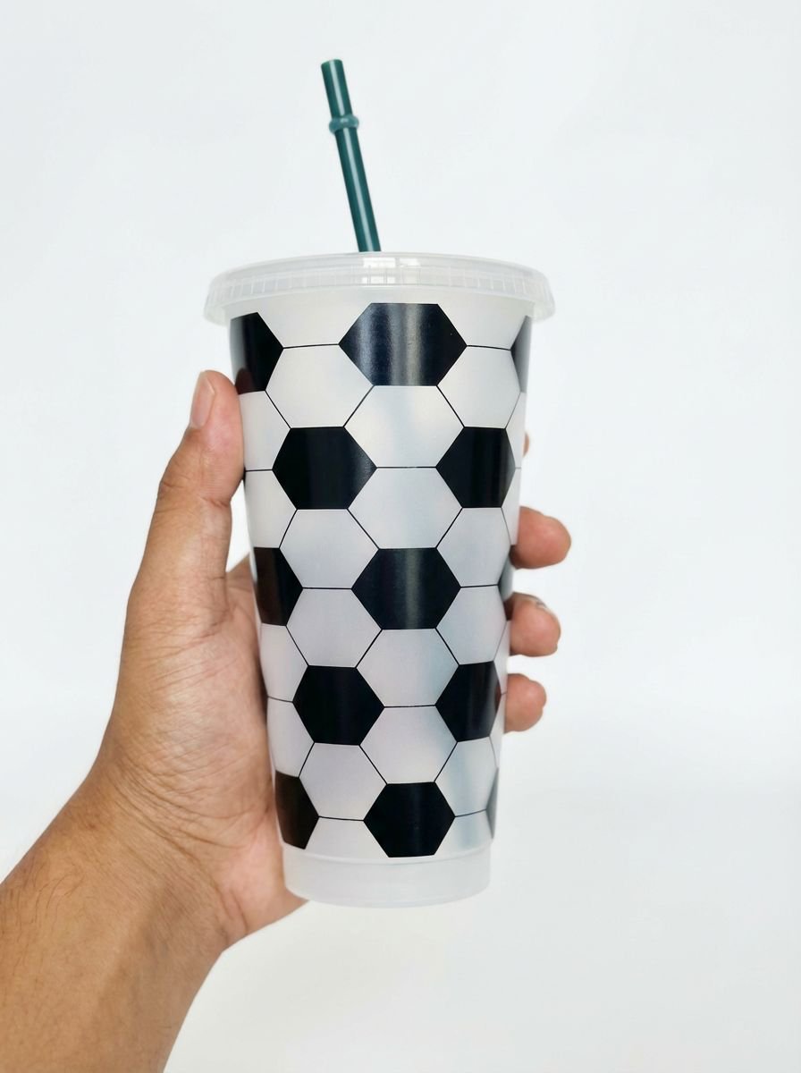 Easy to clean soccer plastic cup with lid and straw