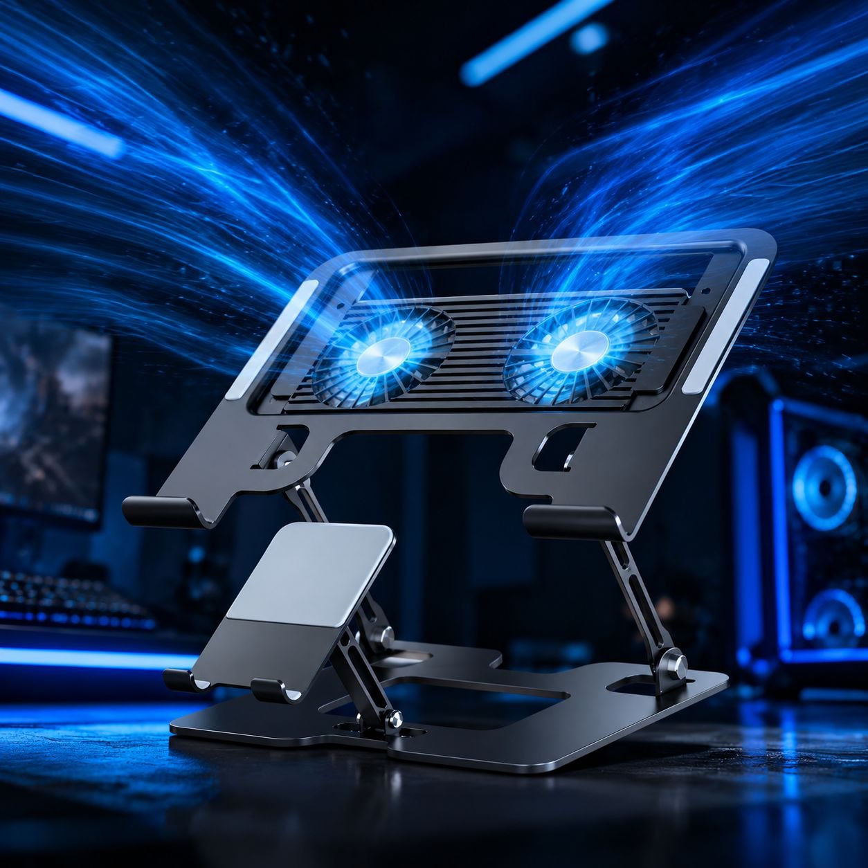 Silent fan elevated laptop and phone stand for gaming notebooks