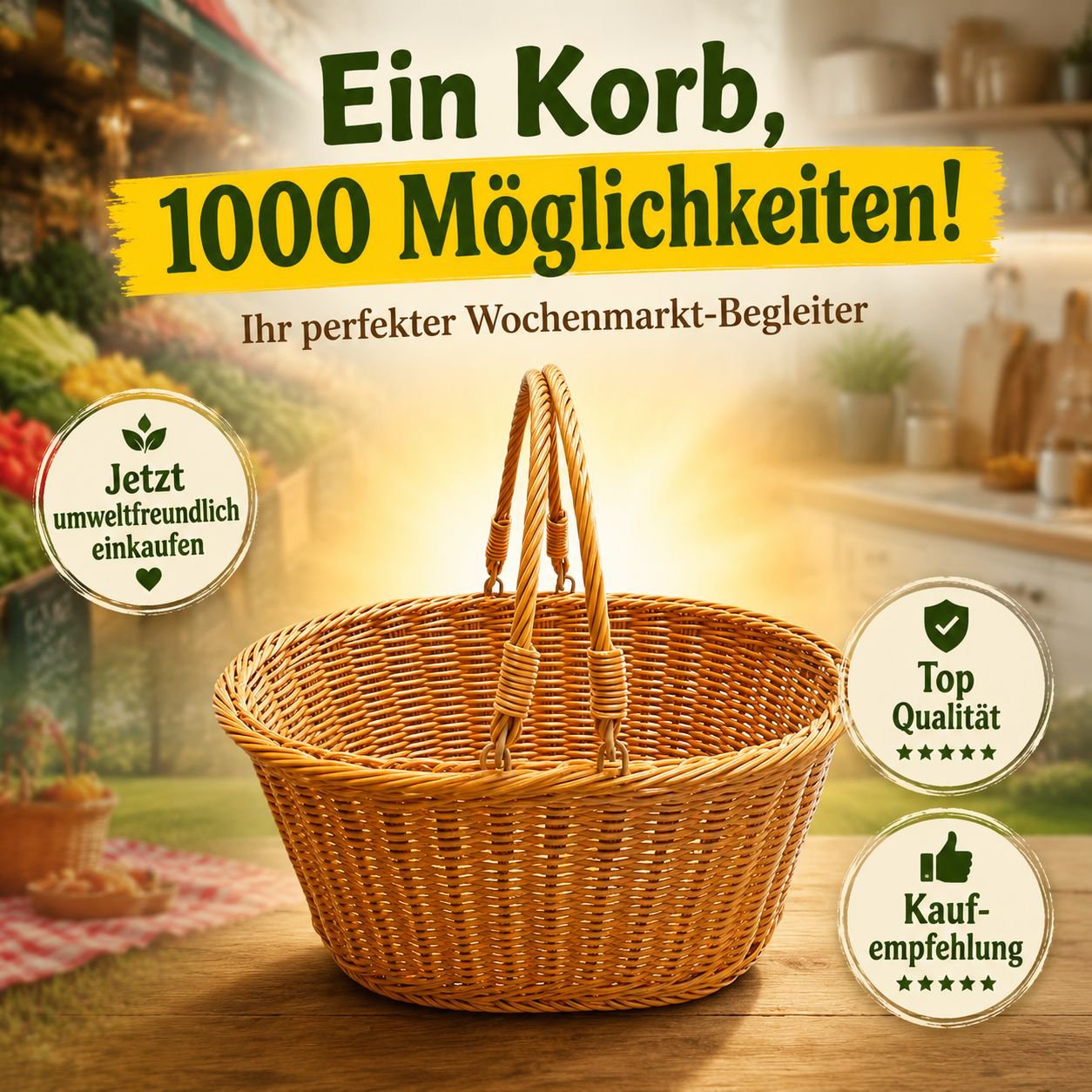 Ovaler handgeflochtener Aufbewahrungskorb, tragbarer Gemüsekorb