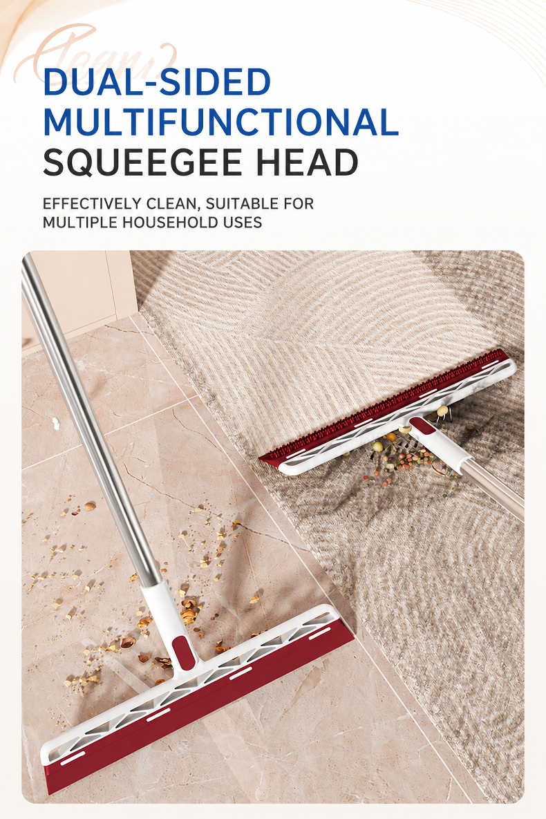 Double-sided broom cleaning wet and dry surfaces