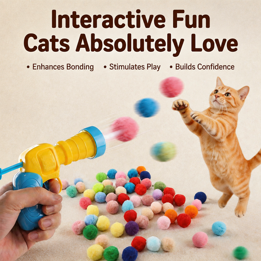 Cat playing with a silent interactive pom-pom toy launcher