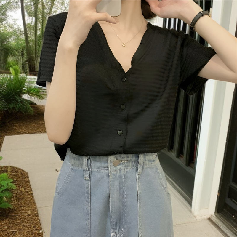 韓国スタイルVネック半袖トップス＆スリムショートパンツ女性用セット