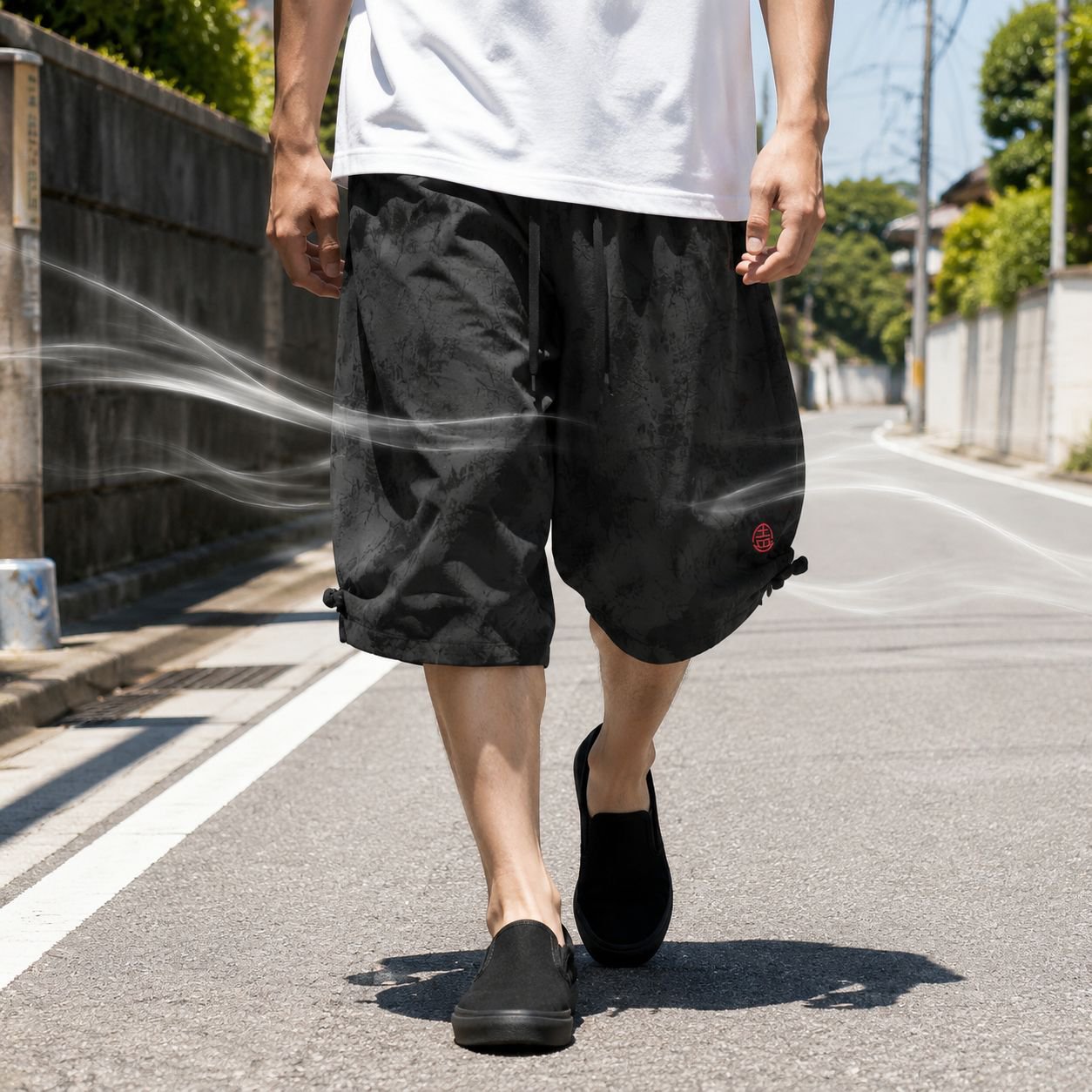 和漢ミックス原宿系メンズハーフパンツ、袴スタイル、形状記憶、ワイドシルエット