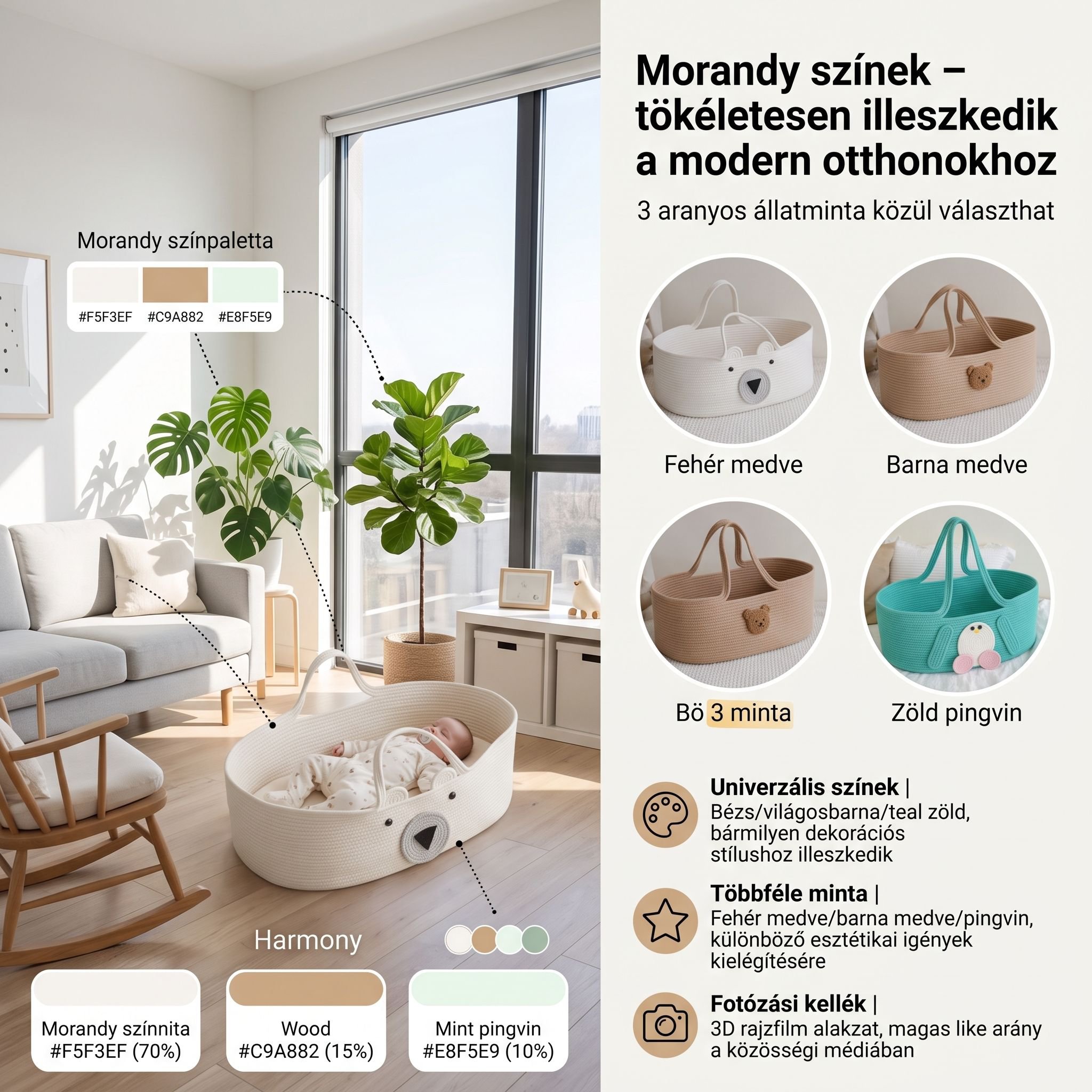 Baba pamutzsinórból font tárolókosár aranyos rajzfilm stílusú újszülött bölcső