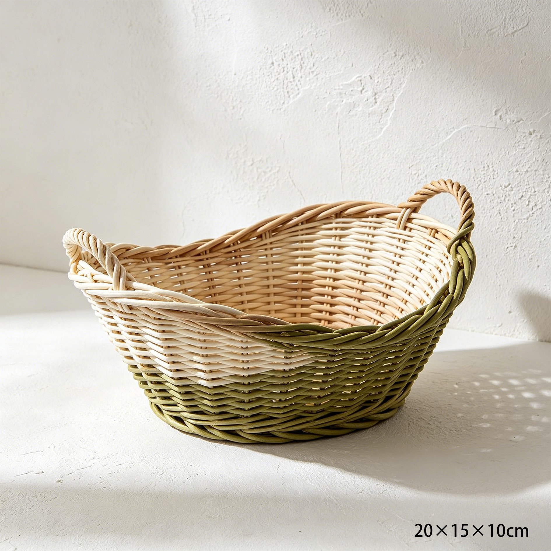 Set of two handwoven rattan storage baskets on a wooden shelf