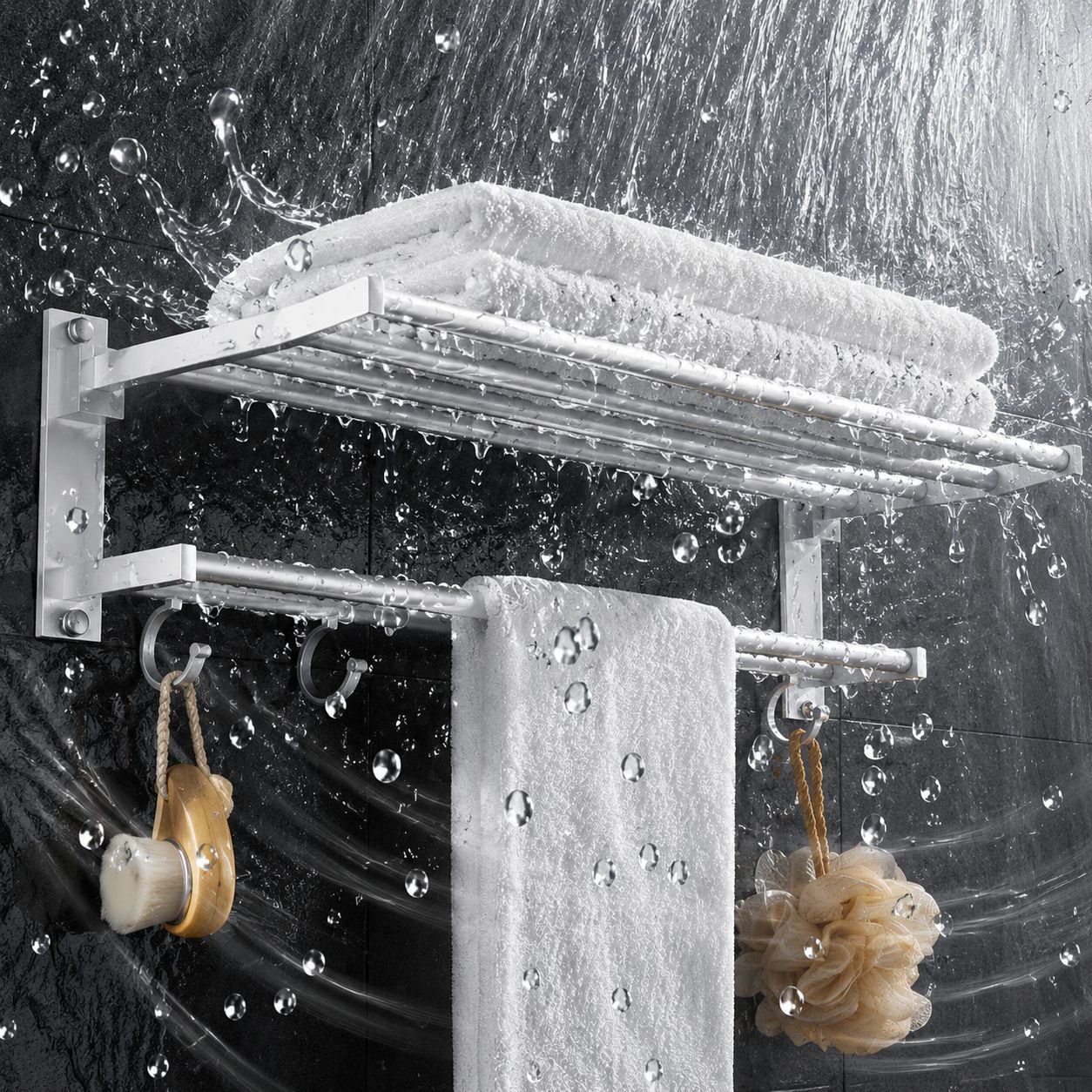 White No-Drill Bathroom Towel Shelf Rack