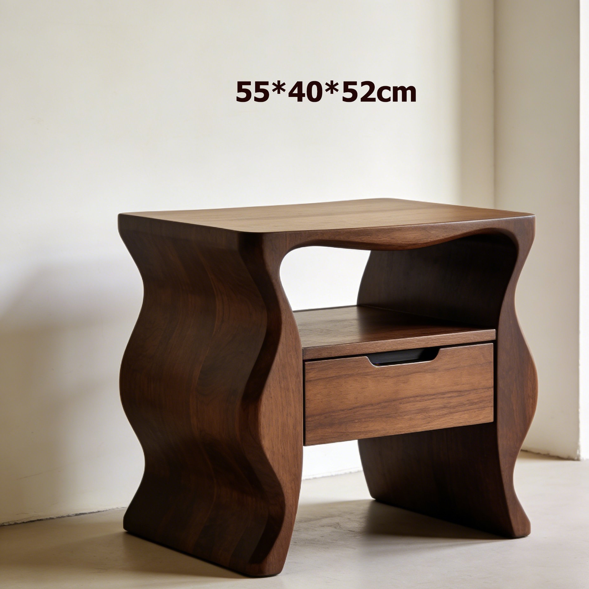 モダンな寝室に配置された波型ナイトテーブル