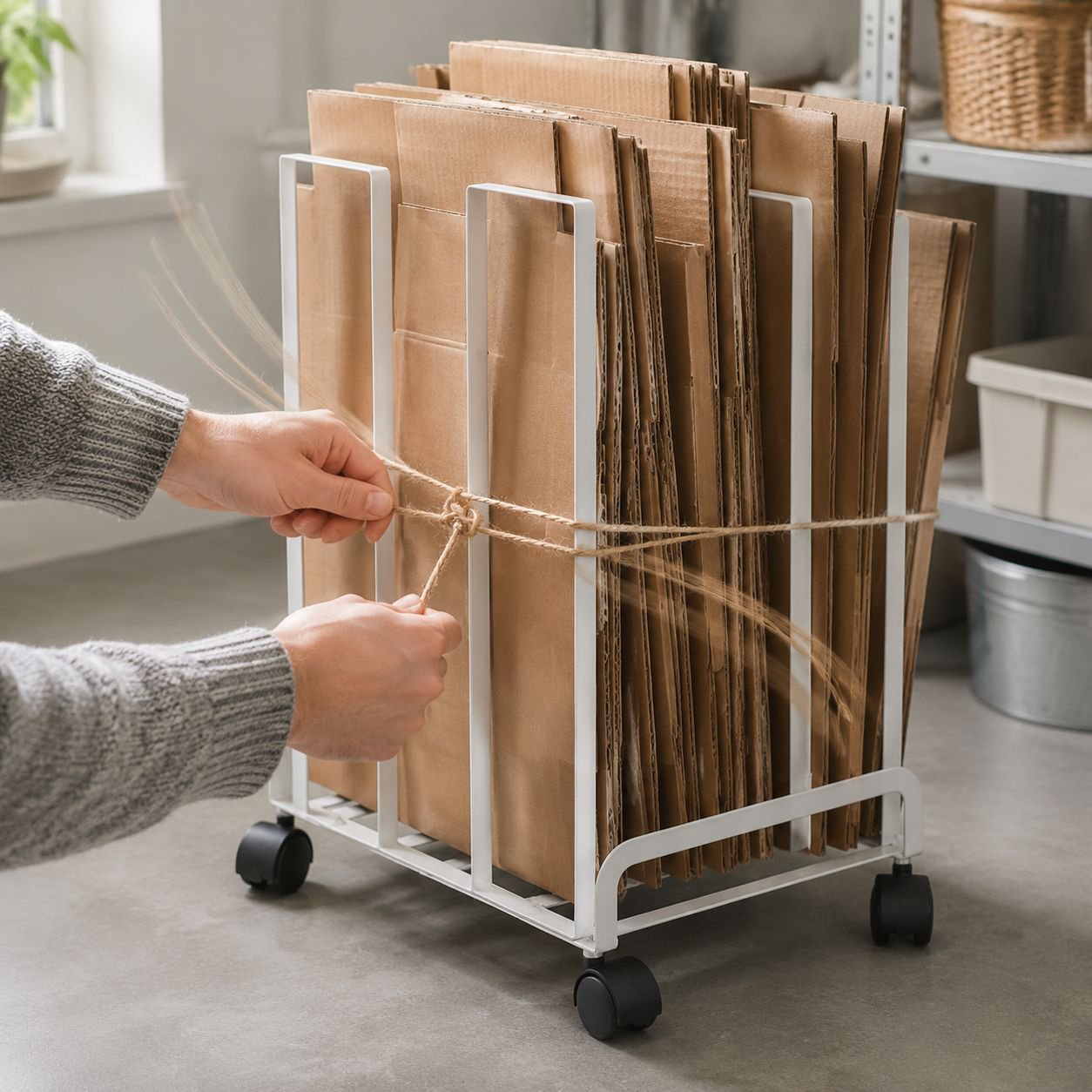 Side view of mobile carton storage organizer in use