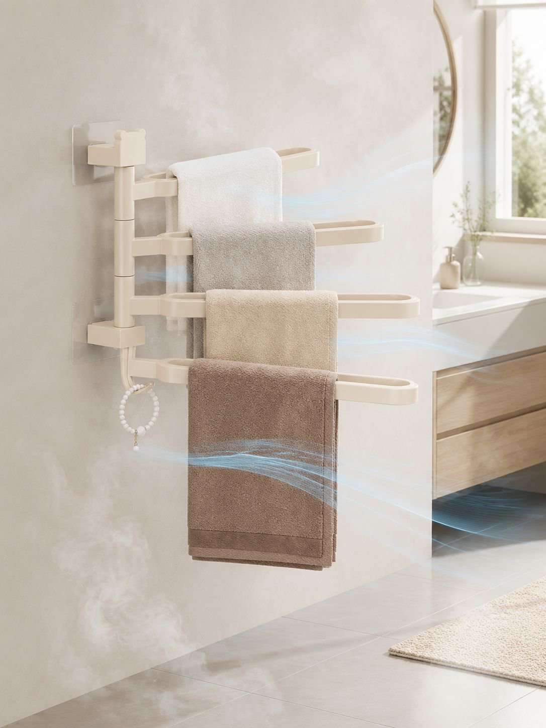 Waterproof rotating towel rack installed in a modern bathroom