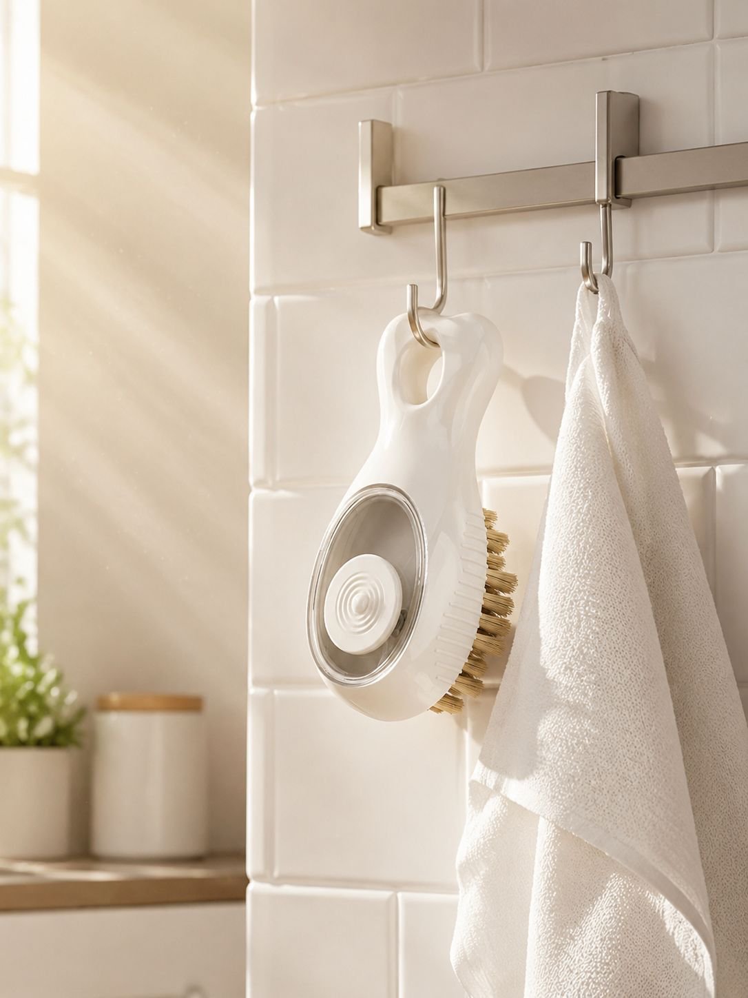 Soap dispensing kitchen crevice brush in action