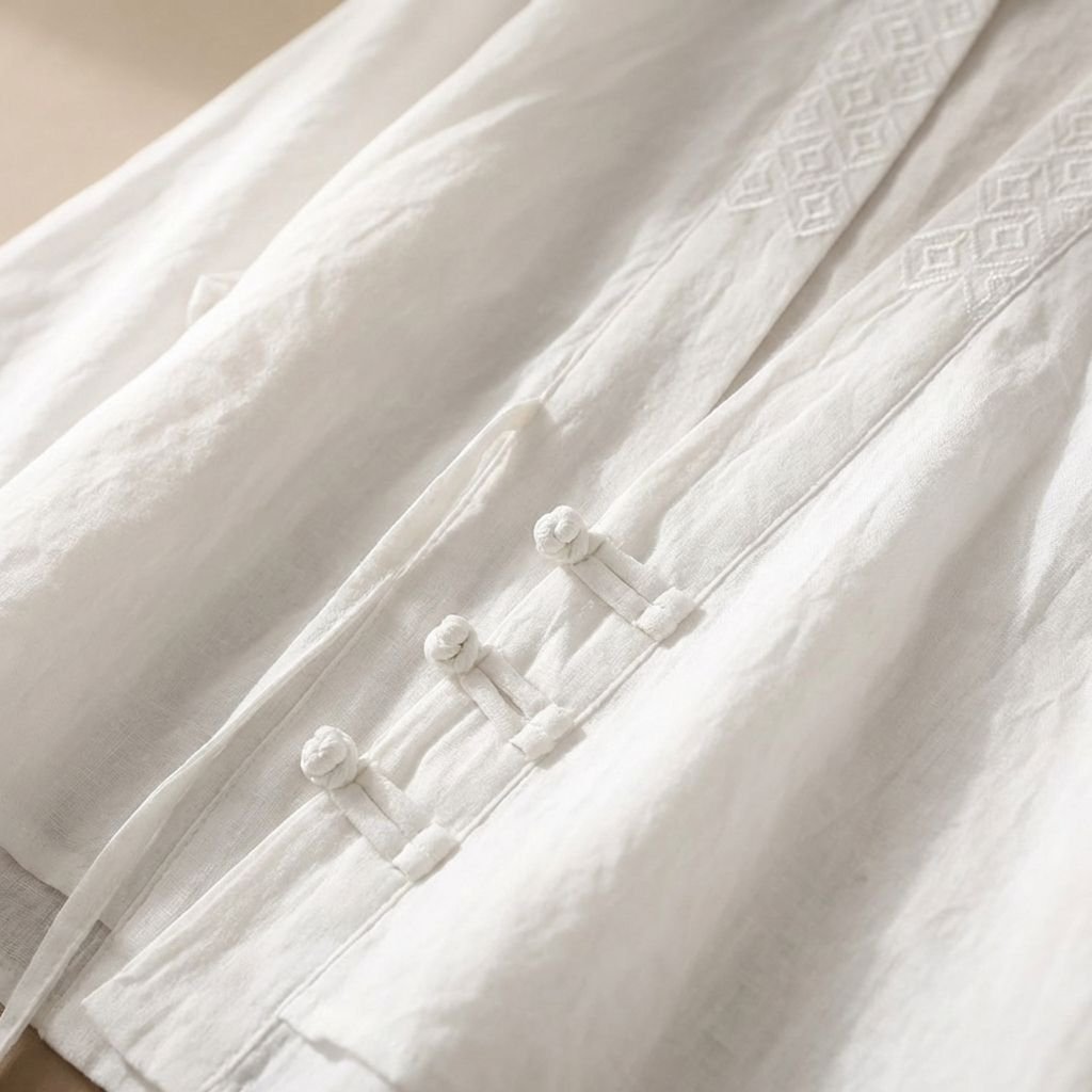 ゆったり紐付き 上品刺繍 チャイナボタン切り替え 七分袖トップス