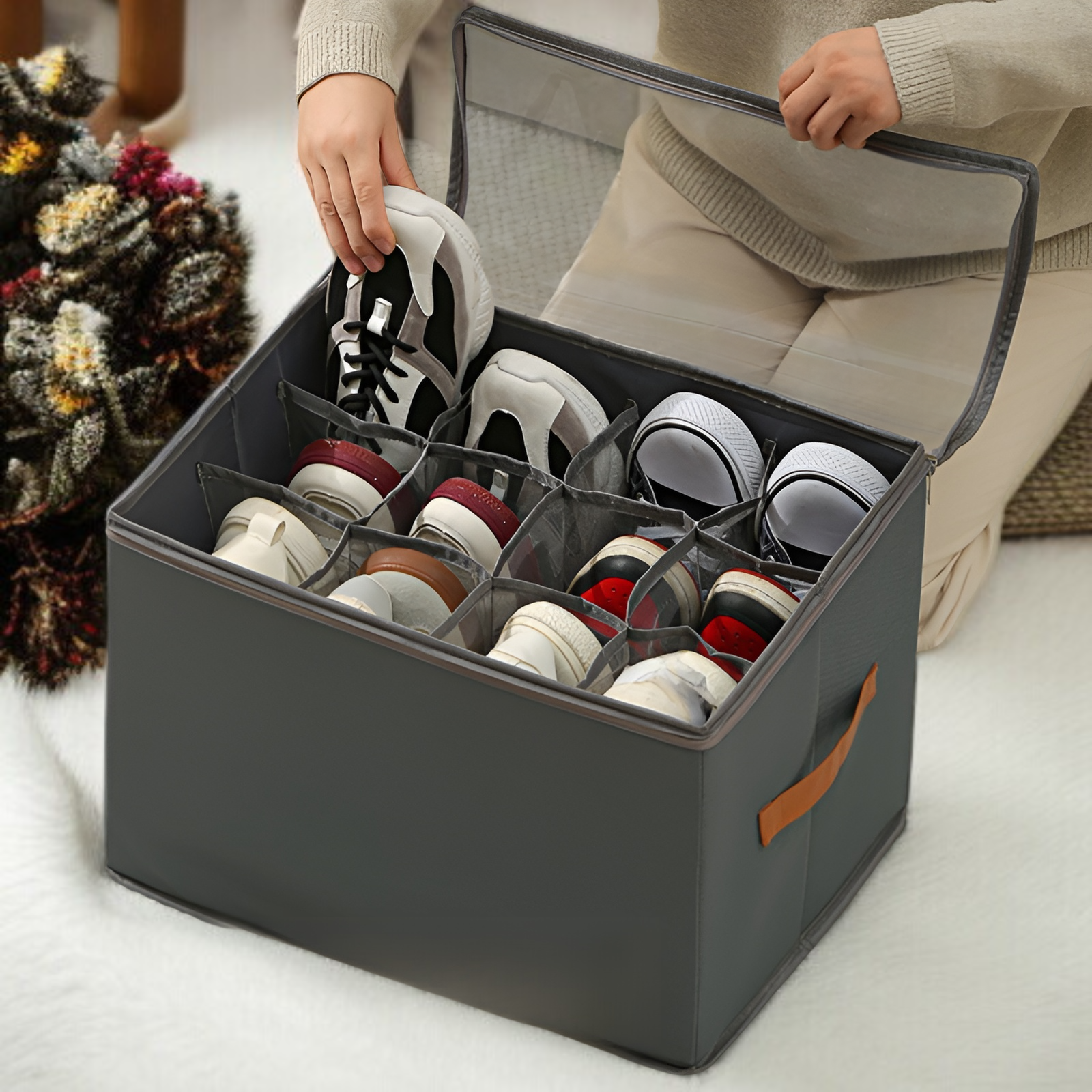 靴収納ボックス 折りたたみ式カバー付き 見える靴箱 多機能 仕切り付き 衣類 雑貨 収納ボックス