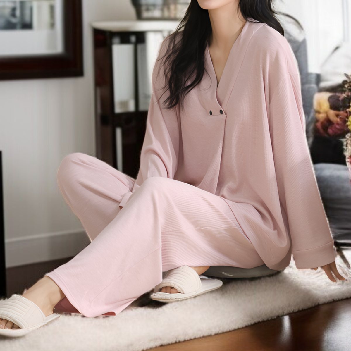 帶胸墊長袖睡衣套裝