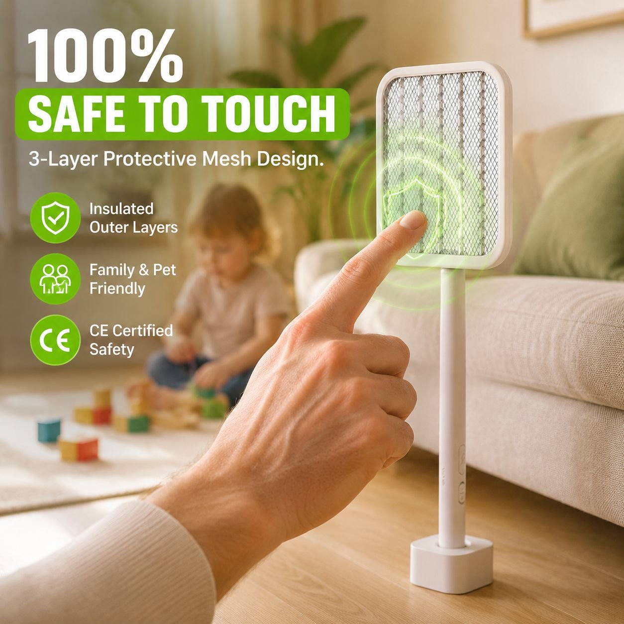 USB Rechargeable Foldable Mosquito Swatter with Lithium Battery and Standable Base