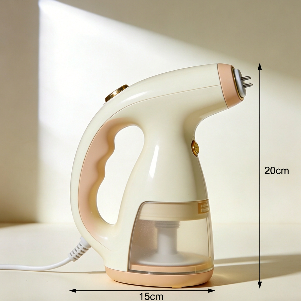 Portable handheld garment steamer in use