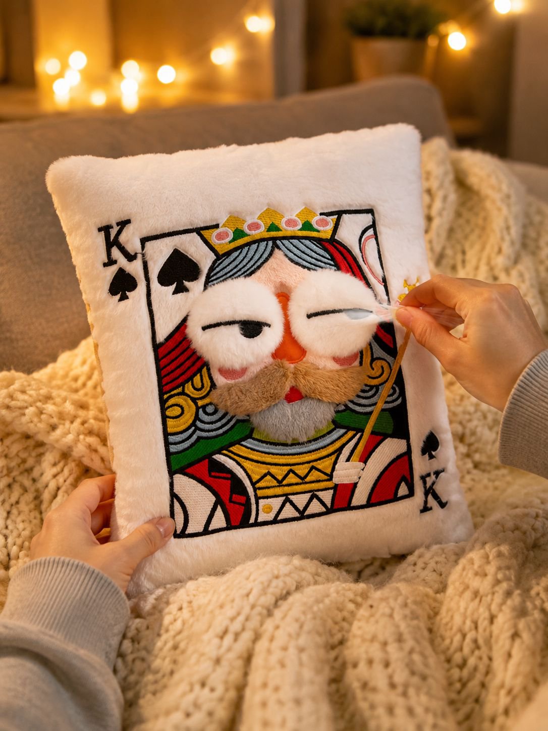 Plush embroidered playing card pillow with unique design