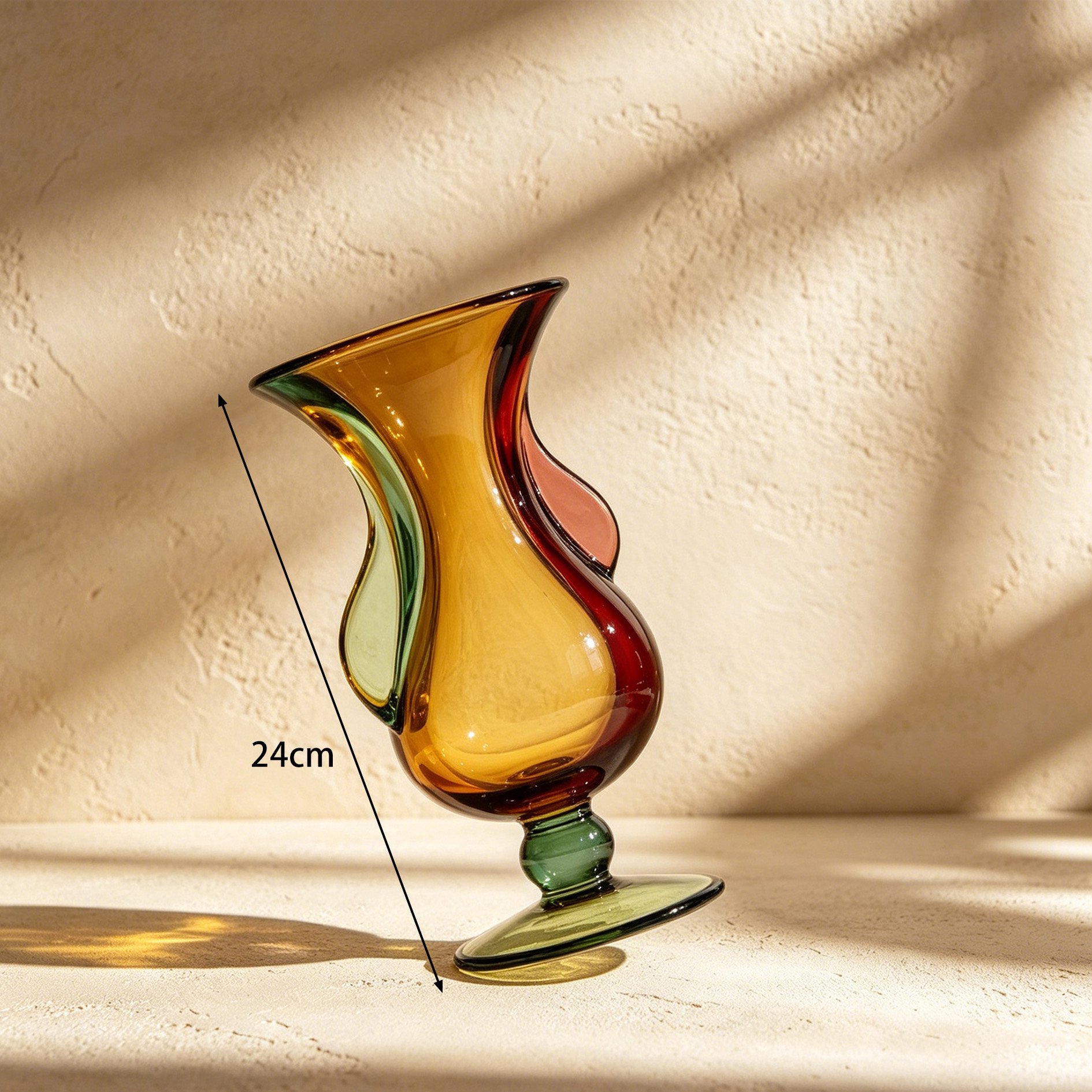 Handcrafted colored glass vase on a living room table