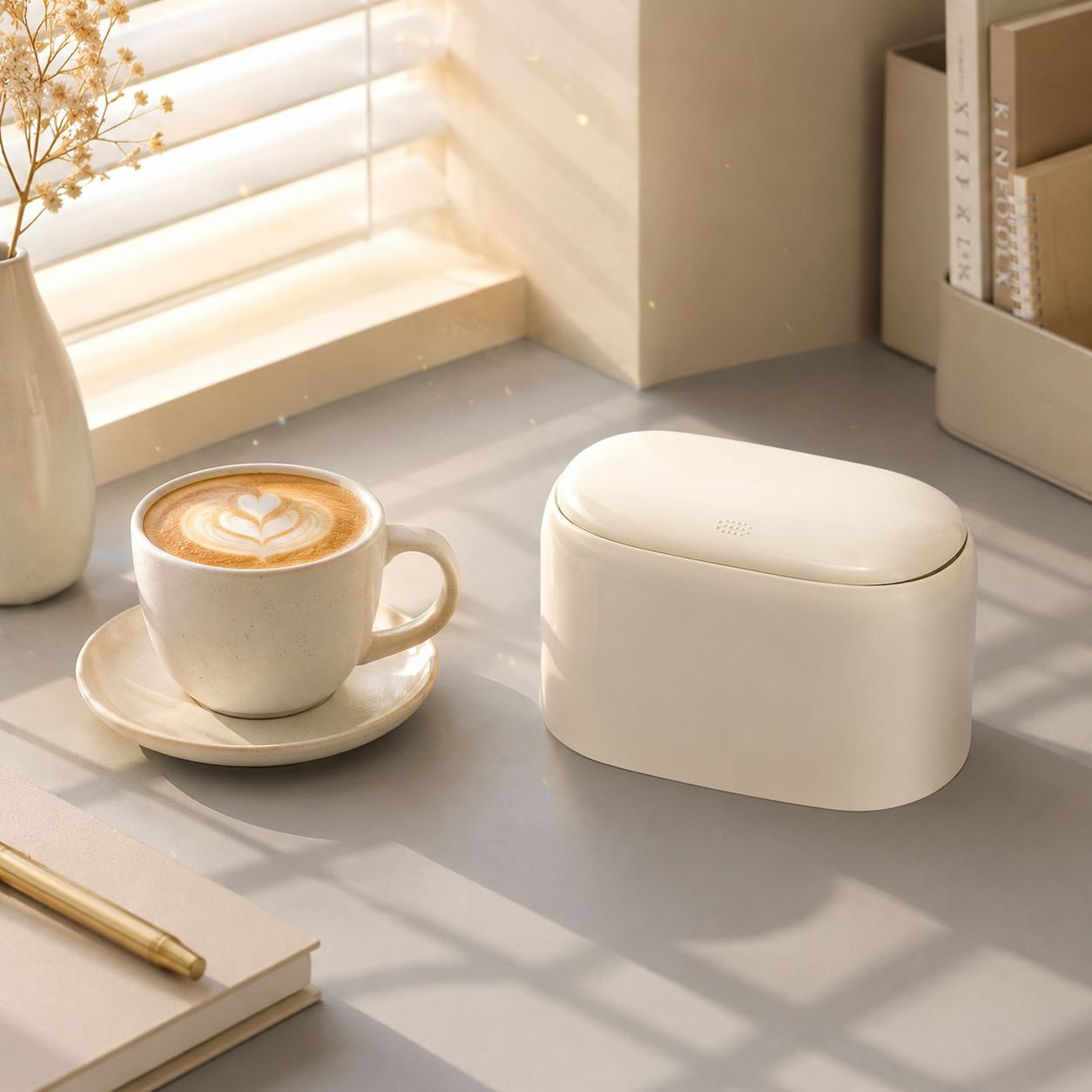 Papelera con tapa a presión color crema