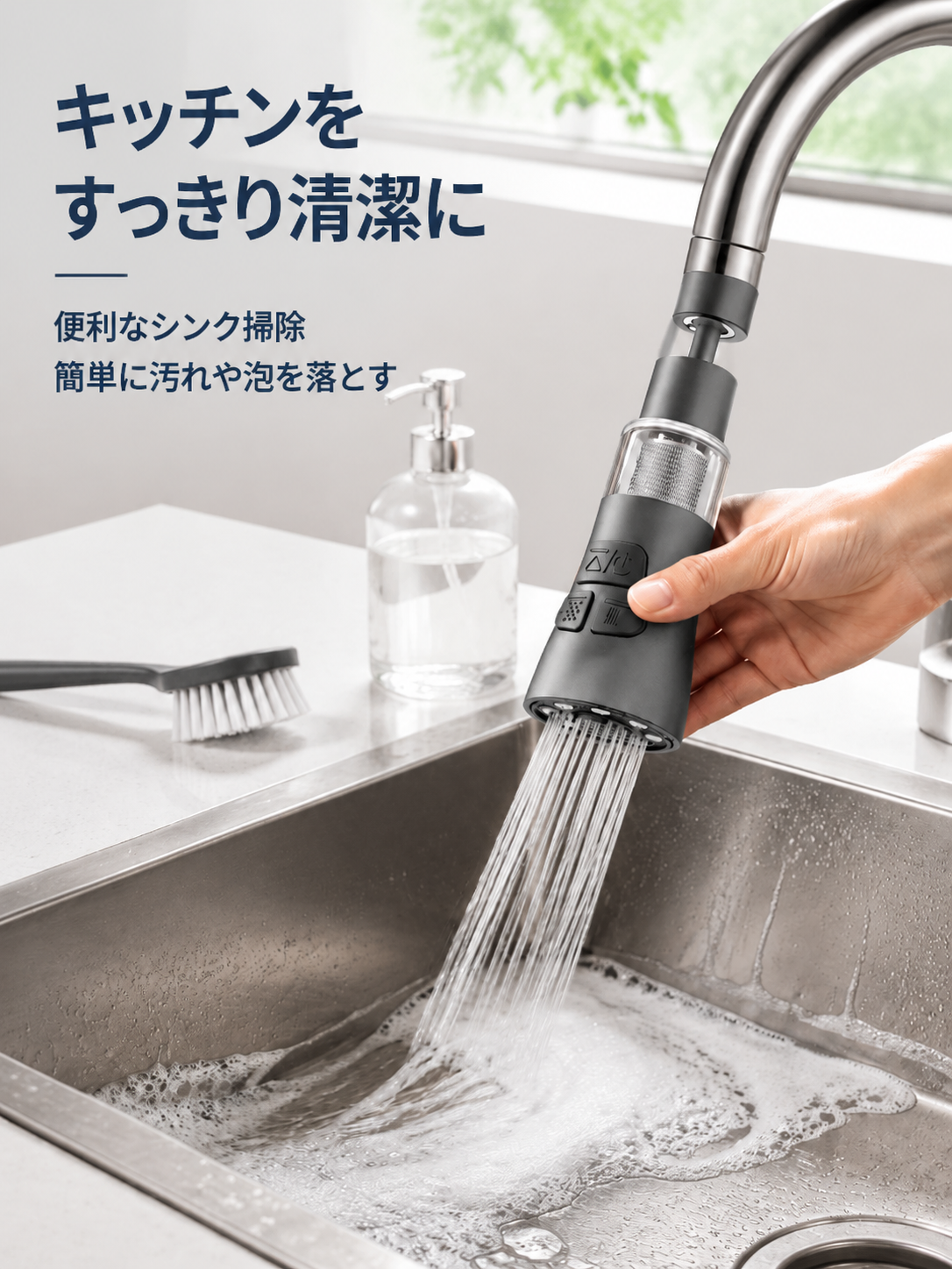 高品質なフィルターを備えた蛇口エクステンダーのクローズアップ写真