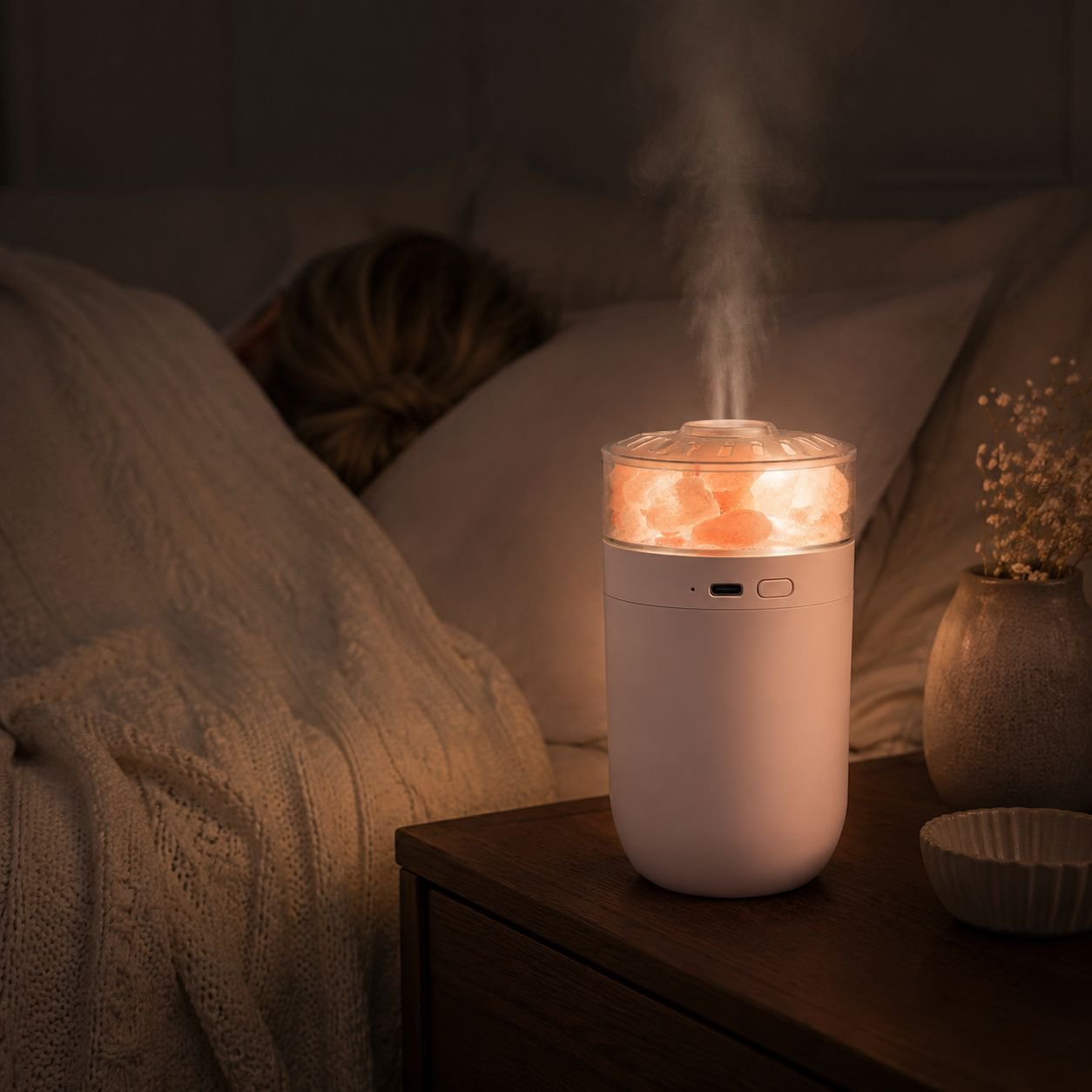 USB rechargeable salt lamp humidifier for car and home use