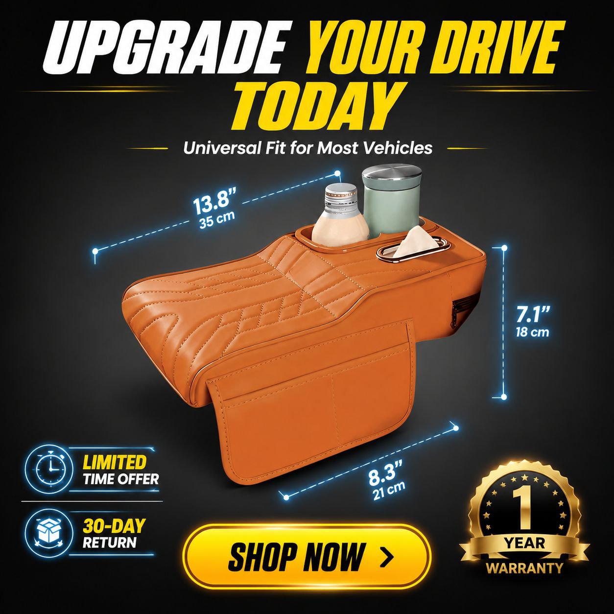 Car Armrest Cushion with Tissue Dispenser and Cup Holder Interior Upgrade Accessory