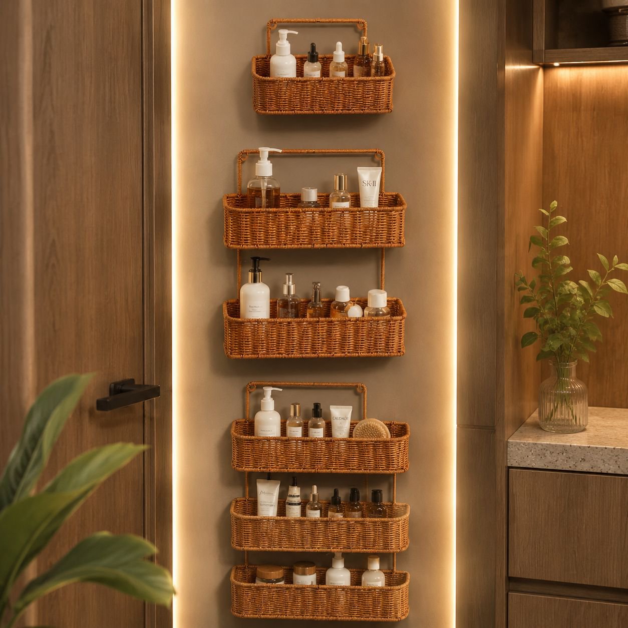 Punch-Free Imitation Rattan Bathroom Shelf, Shower Supply Organizer, Kitchen Storage Rack