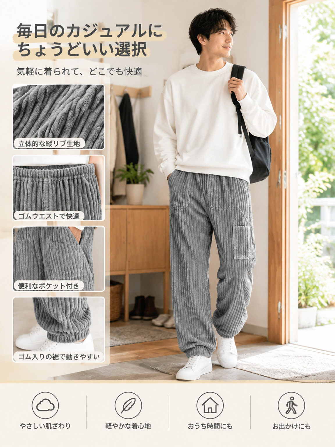 ヨーロッパとアメリカのスタイルを取り入れたメンズコーデュロイストレートレッグカジュアルパンツ、アメリカンレトロリブドローストリングロングパンツ、ゆったりとしたフィット感、6つのポケット