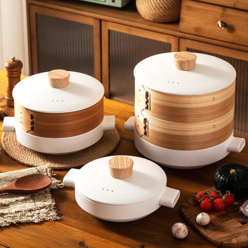 หม้อเซรามิกสองชั้นพร้อมตะกร้านึ่ง