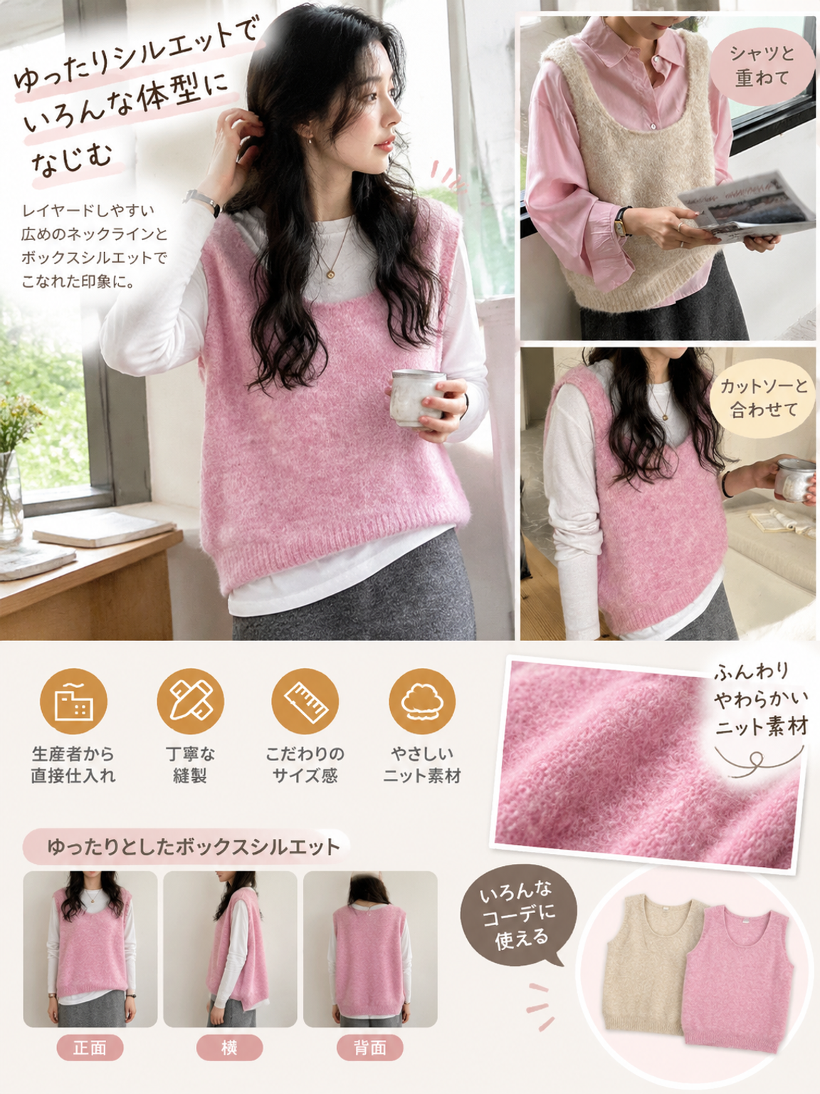 韓国風春新作無地ニットベスト（女性用）、Uネックキャミソールノースリーブトップス、ゆったりレイヤードベスト（女性用）。