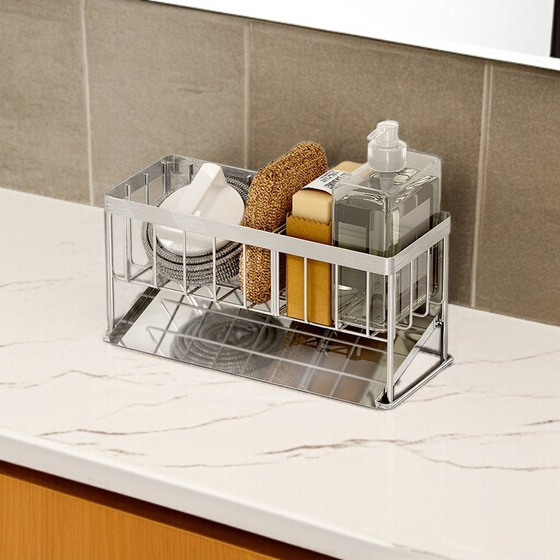 Schwammtuchhalter aus Edelstahl auf der Küchenarbeitsplatte