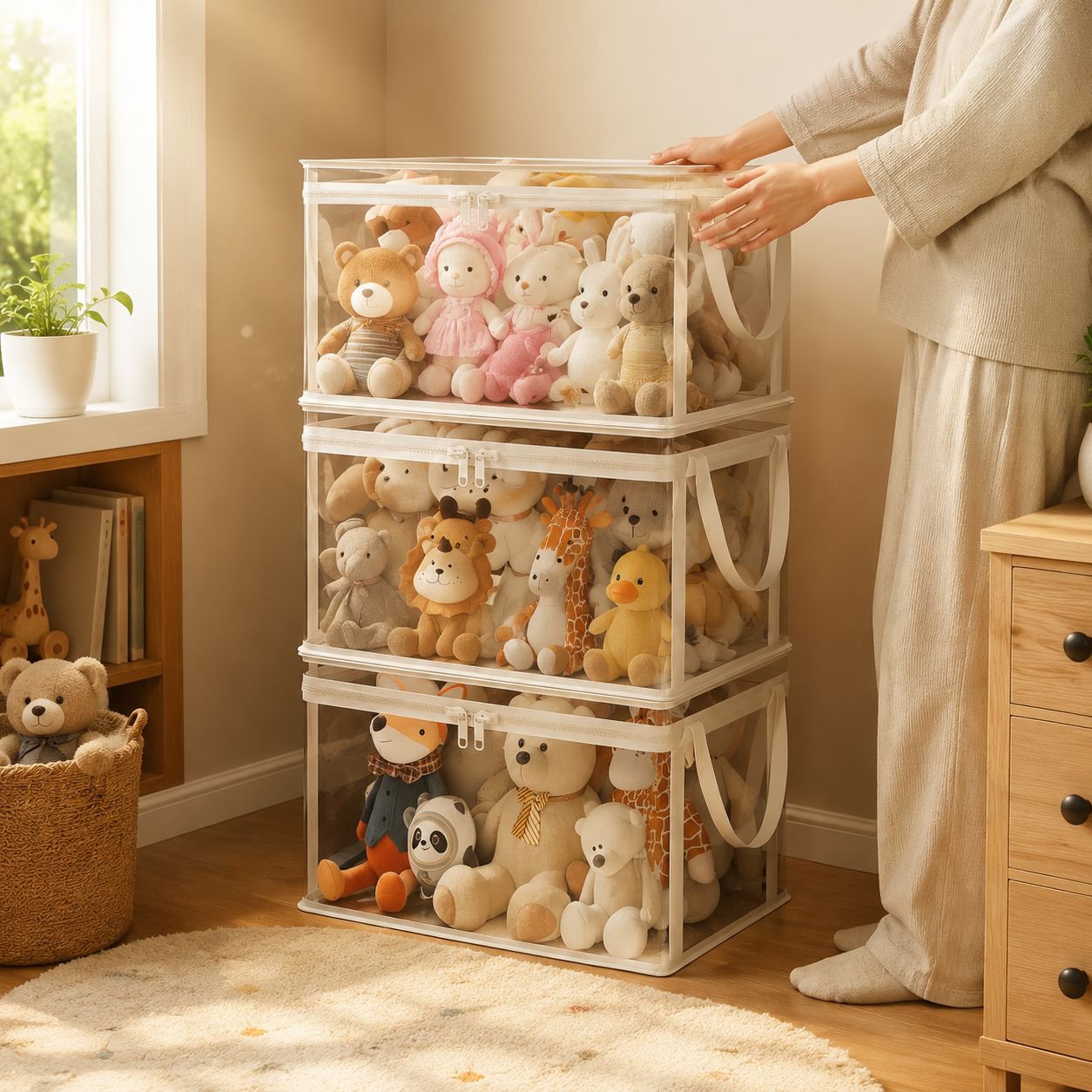 Household transparent toy storage box with lid, plush toy basket, building block and snack organizer