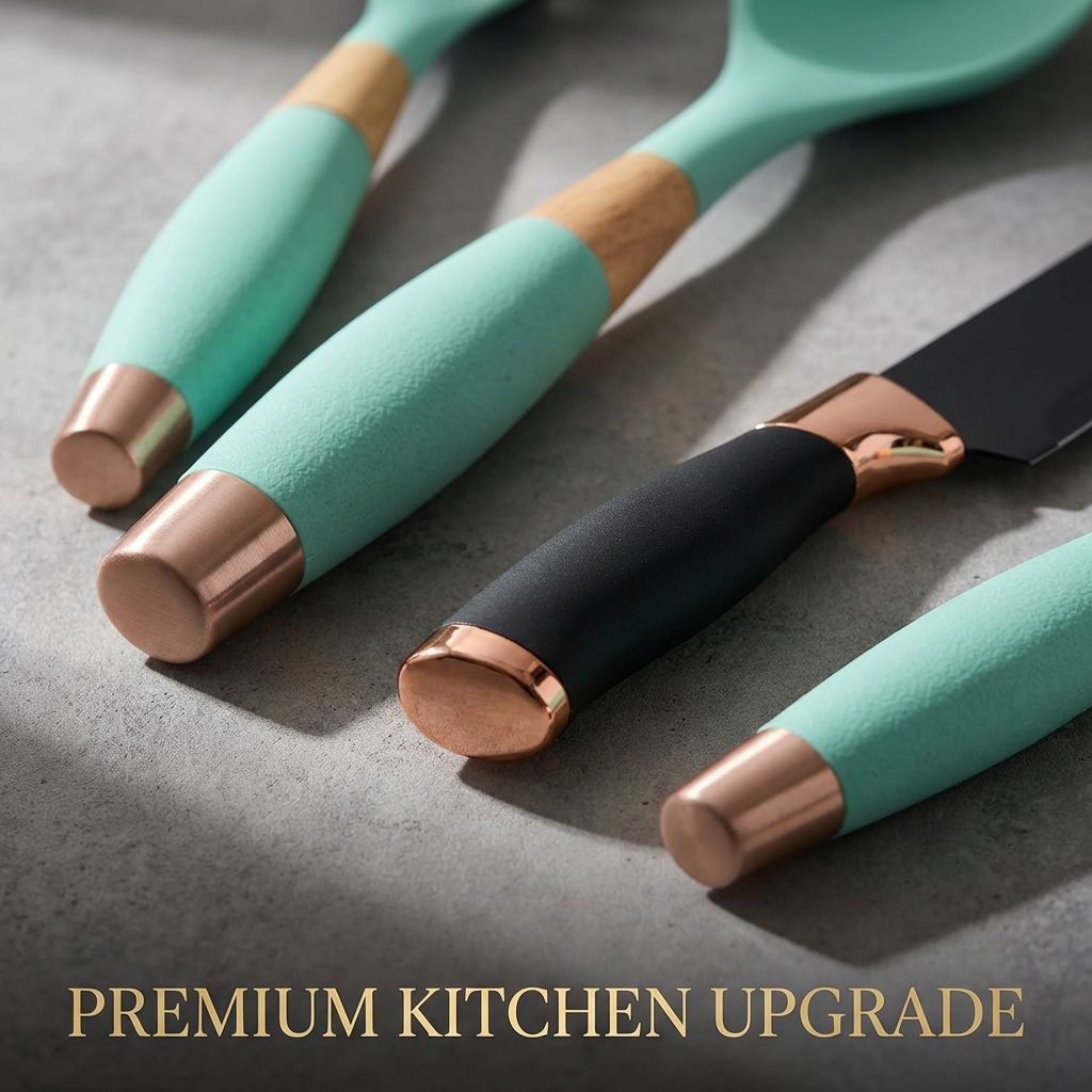 Heat resistant silicone cooking utensils in modern kitchen