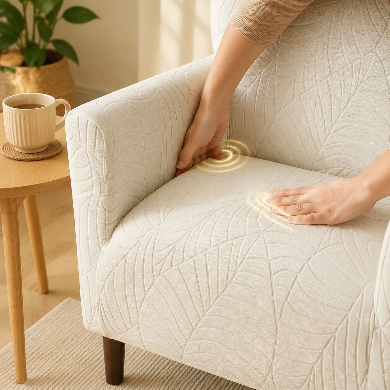 Einfache Montage des Sofastuhlbezugs auf einem kleinen Sofa