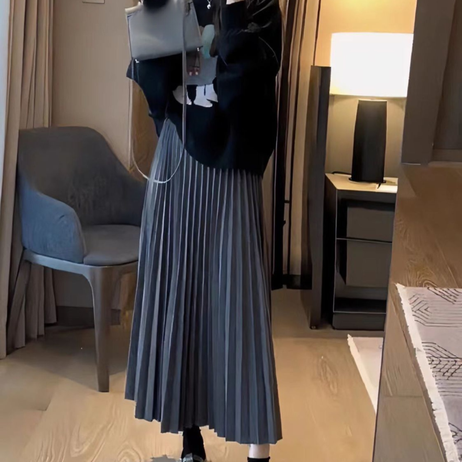 Brelira - 秋冬ロングプリーツスカート、ハイウエスト、スリムに見えるウールプリーツマキシスカート、プロフェッショナルロングスカート