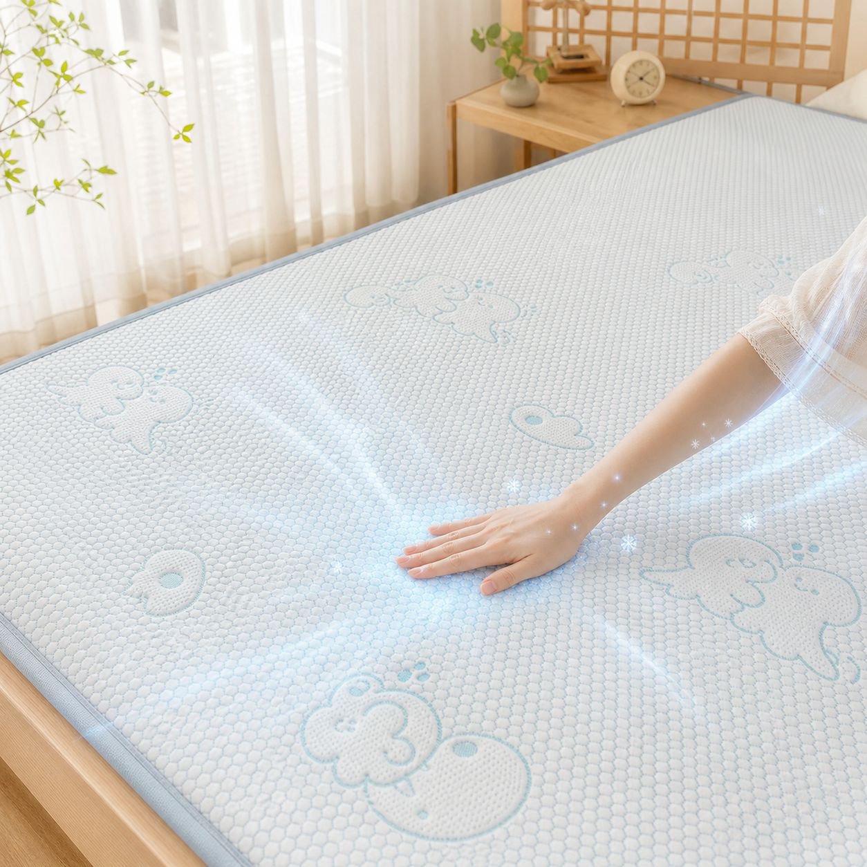ジャカード織りのクマ柄の夏用冷却マット。洗濯機で洗え、寮での一人用・二人用として適しています。アイスシルク製で豆型です。