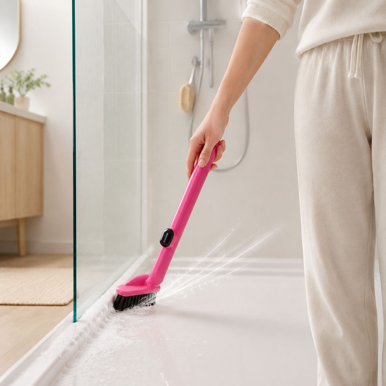 Brosse de nettoyage pour fentes de salle de bain avec réservoir à liquide