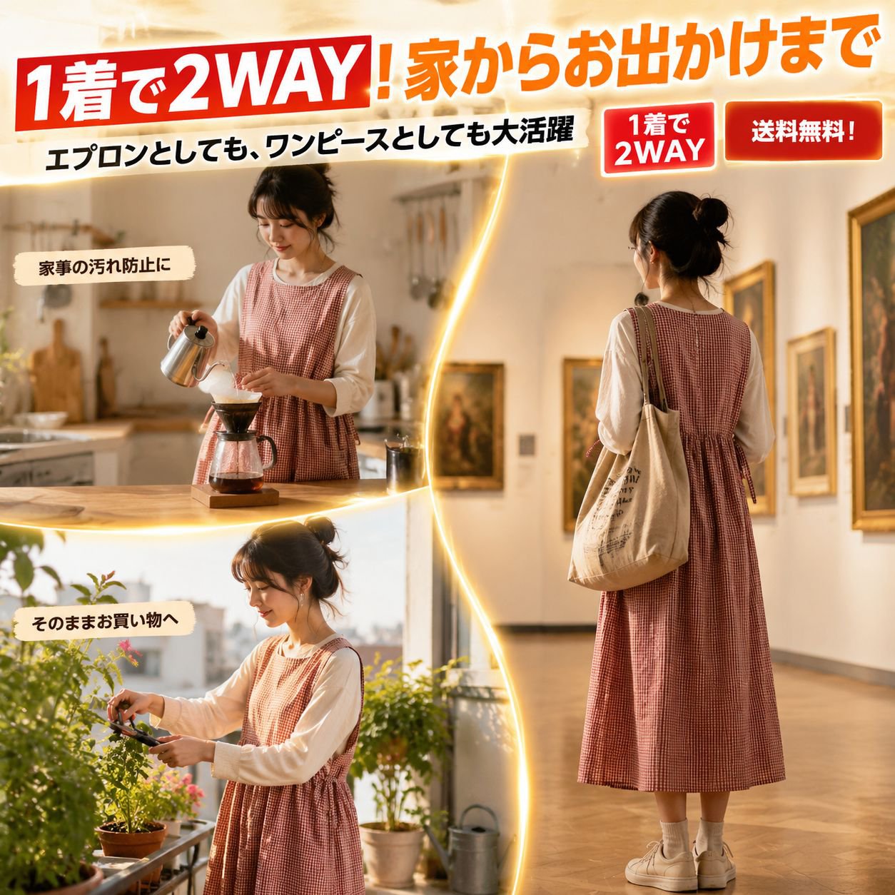 文芸風綿麻チェックワンピース