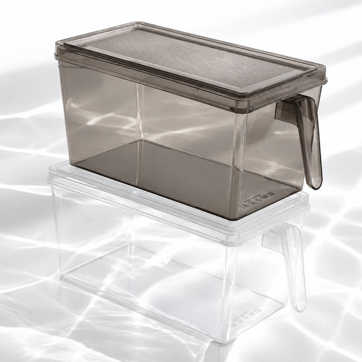 Food-safe refrigerator bin storing snacks and drinks