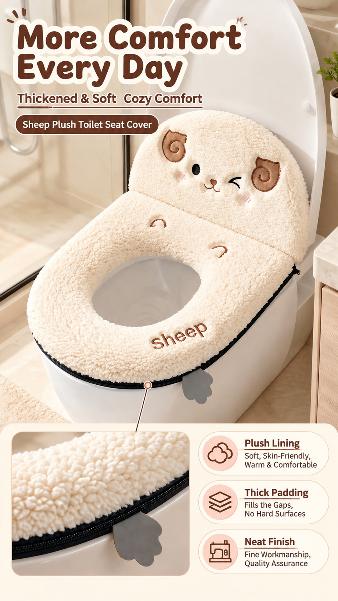 Washable plush toilet seat cushion for easy care